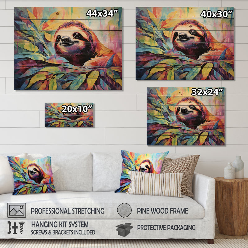 Paresseux coloré - paresseux, art sur bois de pin naturel, H 10 po x l 20 po