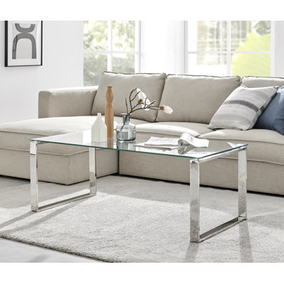Eugenia Modern Sleek Sled Design Chrome Metal and Glass Coffee Table