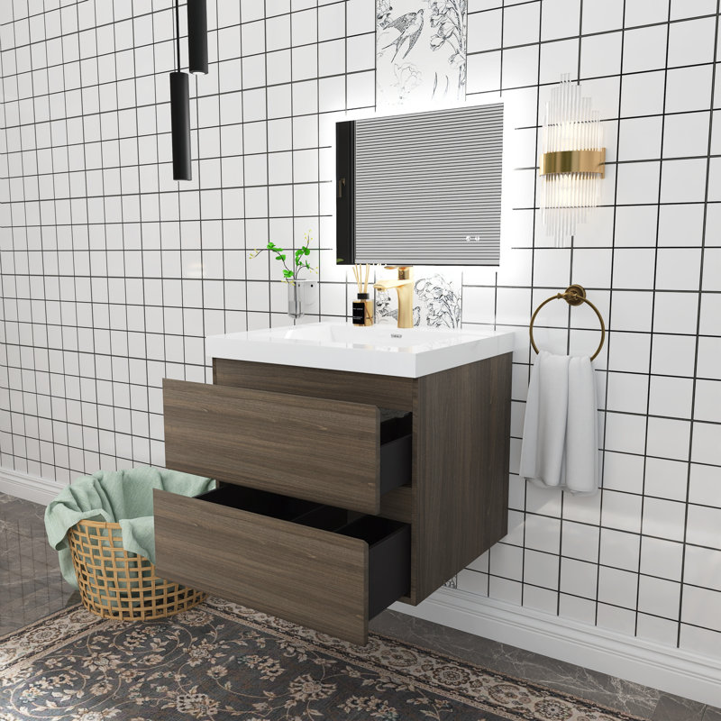 Meuble-lavabo simple avec plateau en résine Teriann, Gris cendré