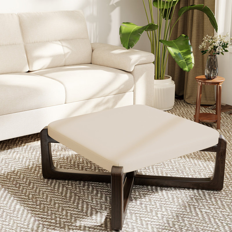 24" Wide Faux Leather Upholstered Square Ottoman, Beige