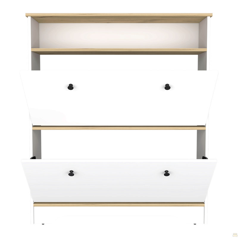 Range-chaussures H 46 po, une tablette de rangement ouverte, deux tiroirs de rangement internes, deux portes, chêne clair / blanc
