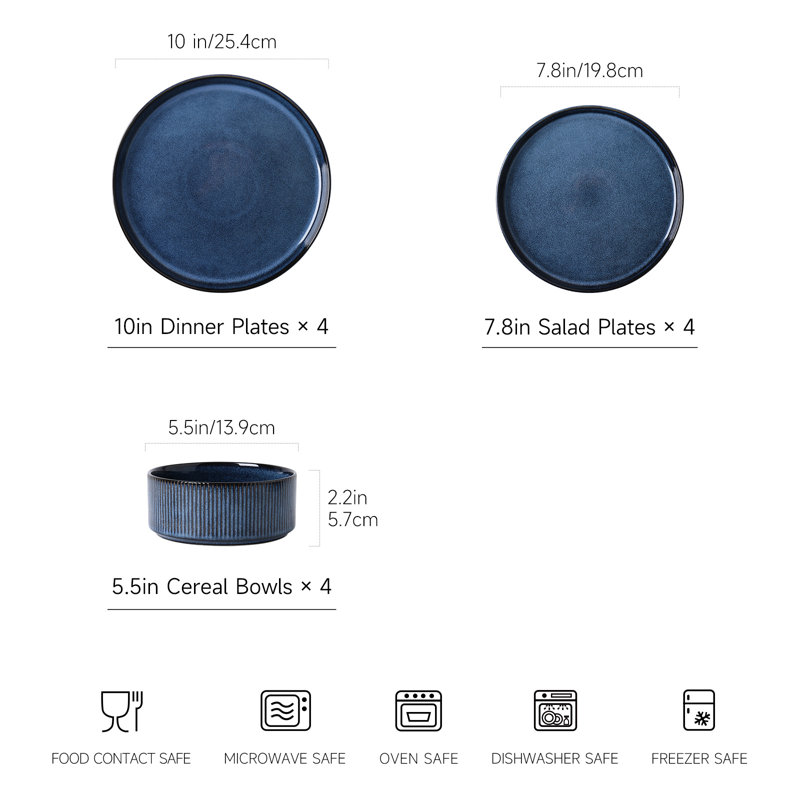 ALOFMO Straight Sided 12 Piece Stoneware Dinnerware Sets, Service for 4, Blue