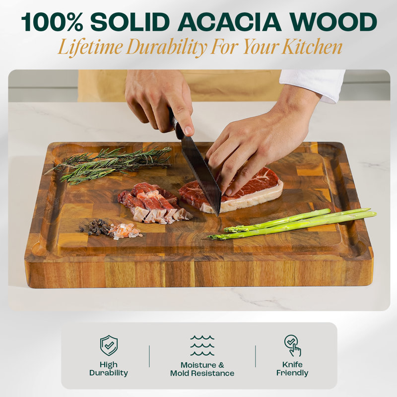 Versatile End Grain Acacia Cutting Board, 17" L x 13" W 