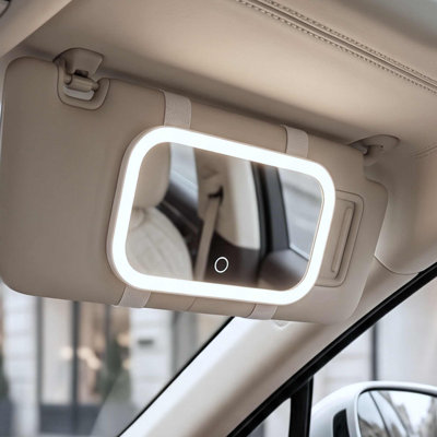  Car Sun Visor Makeup Mirror with Light, Rechargeable, 3 Color Modes, Dimmable, Adjustable Strap Clip-On Vanity Mirror, Universal fit, Built-in Kickstand (Juni 2) - White