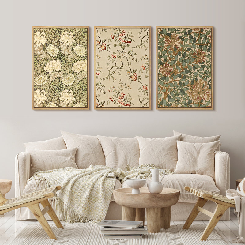 Art mural rétro sur toile à motif floral botanique - ensemble de 3 décorations de style William Morris, H 36 po x l 72 po