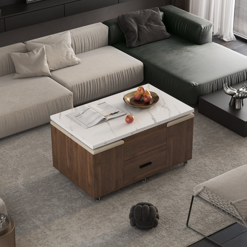 Table basse relevable moderne avec 4 tabourets pour le salon Table de salle à manger extensible 1 rangement caché + 2 tiroirs peu encombrants