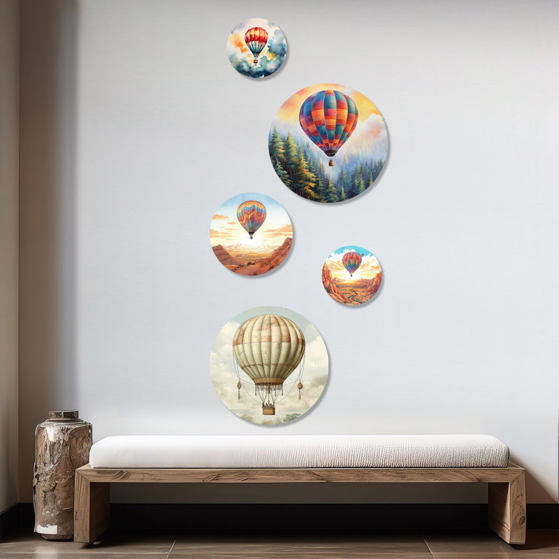 Contemporary Balloon Voyage - Montgolfière, ensemble d'art mural rond en montgolfière de 5
