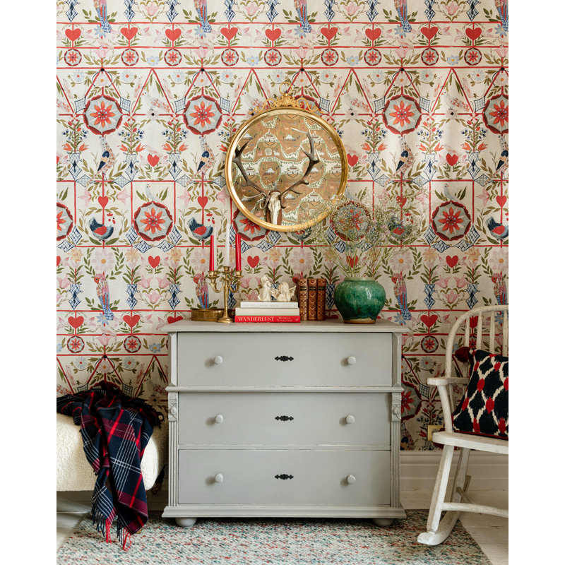 Tyrol Apres-Ski Home Floral Wallpaper Roll, Anthracite/Green/Red/Taupe