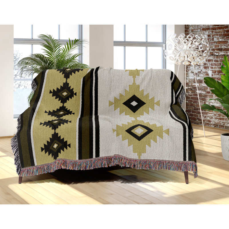 Jeté en mélange de coton Carlos South Western, Noir / or terne / blanc cassé, L 80 po x l 60 po