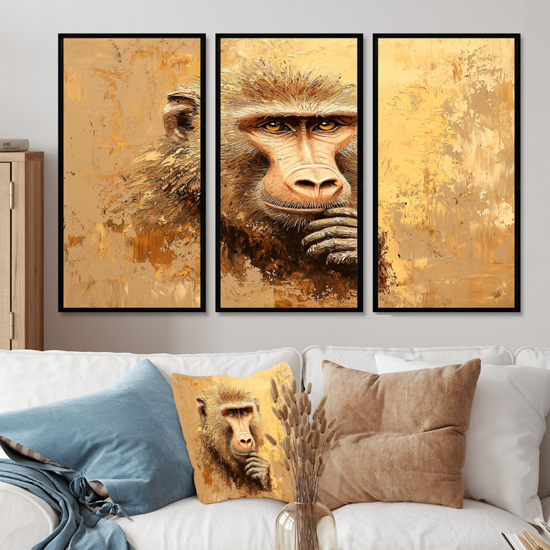 «Intelligent Gaze Of Baboon III», ensemble de reproduction d'art mural singe, 32" H x 48" W, Reproduction avec cadre flottant
