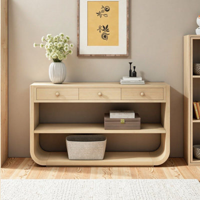 Modern Curved Console Table with 3 Soft-Close Drawers 2 Open Shelves – Natural Solid Wood MDF Entryway Table for Living Room, Hallway, Study