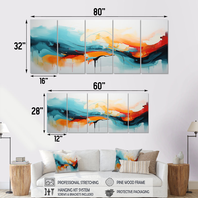 «Blue and Orange Colorful Abstract Waves IV» - Peinture abstraite, 5 pièces, art mural sur toile, H 32 po x l 80 po