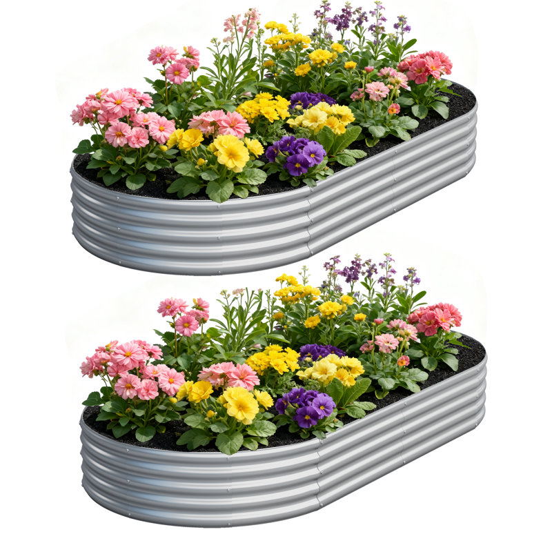 Lit de jardin surélevé d'extérieur en métal, type ovale, argent givré galvanisé, 8 x 4 x 1 pi, H 12 po x l 96 po x P 48 po