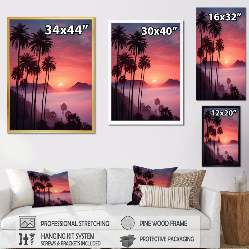 Palmier abstrait d'Hawaï, coucher de soleil II, Cadre flottant blanc, H 32 po x l 24 po x P 1 po