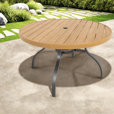 Durable Round Patio Table With Faux Wood Top, Rust-resistant Metal Legs, Perfect For Outdoor Dining