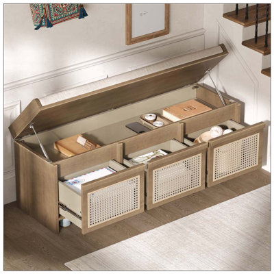 Banc de rangement pour chaussures de 48 po, banc de rangement rétro avec tiroirs en rotin et coussin amovible rembourré à boutons