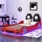 Wood Twin Size Race Car-Shaped Platform Bed With LED And Upholstered Backrest