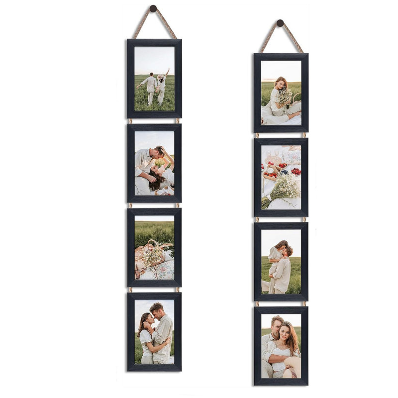 4-Pack 4X6 Hanging Collage Picture Frames With Hemp Rope - Textured Black Vertical Wall Decor, Easy Install Rotating Lock Tabs, Multi-Photo Display For Rustic Home & Gift