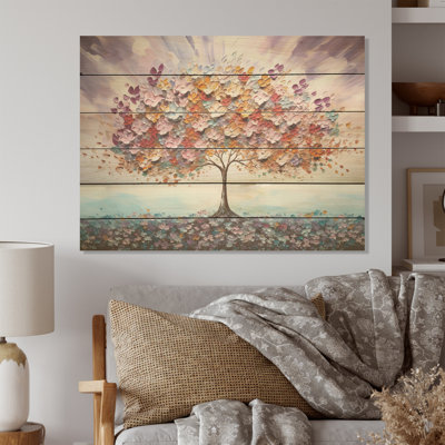 Multicolor Famous Tree Of Love - Flower Field Wood Wall Art On Natural Pine Wood