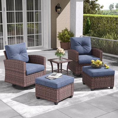 Winston Porter 5 Pieces Patio Furniture Set with Swivel Chairs, Rattan Wicker Rocking Glide Chairs with Ottomans Conversation Set