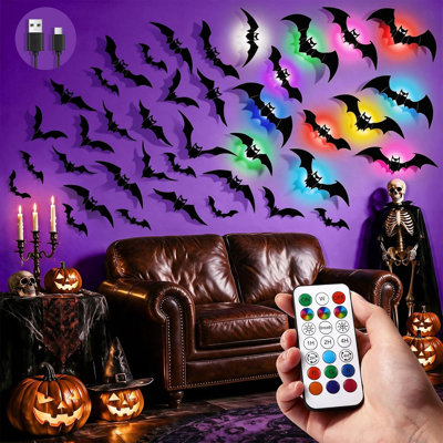 Décorations d'Halloween LUDILO 48 pièces en 3D avec 12 lumières DEL rechargeables et télécommande, autocollants muraux chauve-souris noirs pour porte, fenêtre, mur, foyer et décoration de fête d'Halloween