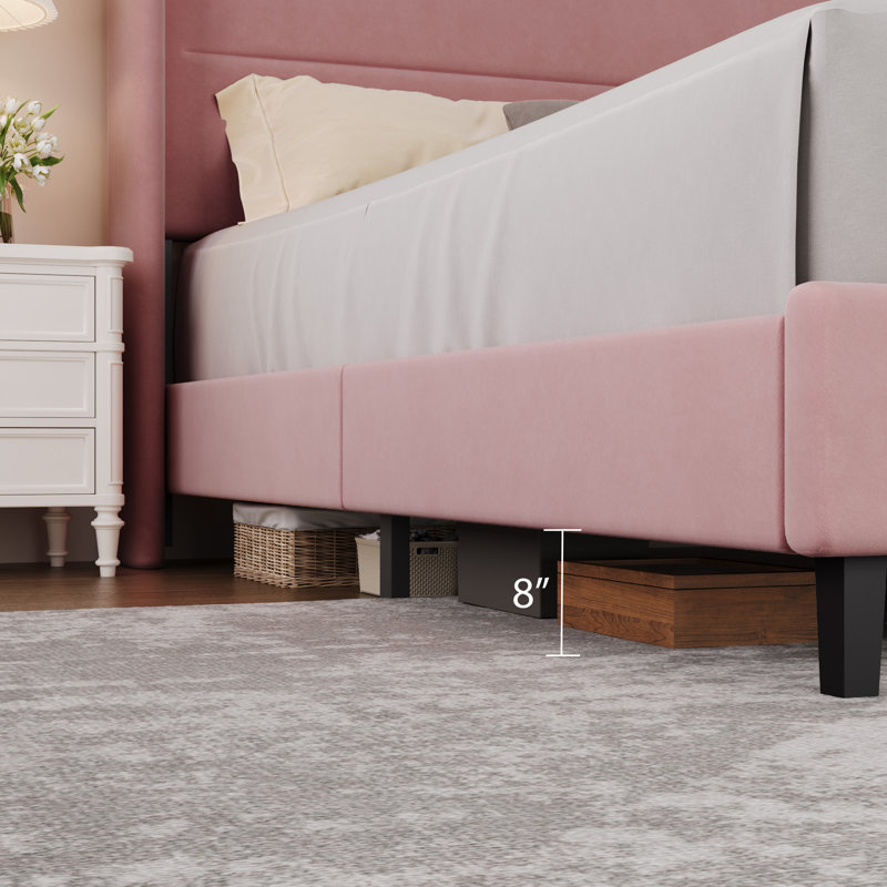 Full Size Bed Frame with Wingback Headboard, Velvet Upholstered Platform Bed Frame with Sturdy Wooden Slats Support, No Box Spring Needed, Easy Assembly, Pink