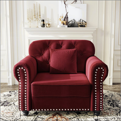 Mid-Century Modern Velvet Chesterfield Sofa With Nailhead Trim, Rolled Armrests, And Button Tufting, Includes 1 Decorative Pillow, For Elegant Living Rooms