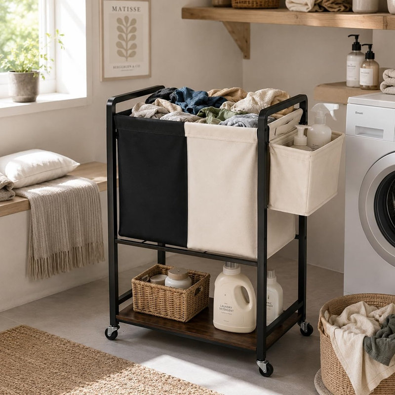 Panier à linge à roulettes avec 2 sacs amovibles, panier de rangement latéral et tablette inférieure, chariot de tri du linge roulant, organisateur gain de place pour la buanderie