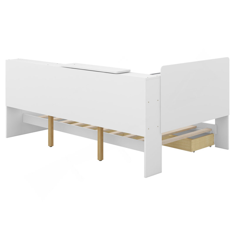 Lit plateforme simple en bois avec tête de lit avec rangement, tablettes et 2 tiroirs, blanc