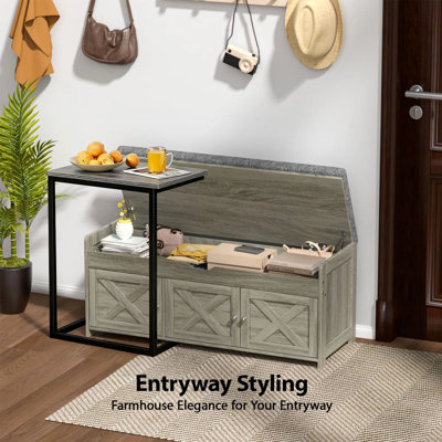 43.5" Shoe Storage Bench With Cushion & Barn Doors, Lift-Top Hidden Storage Entryway Bench With Adjustable Shelf And Wood C-Shaped End Table For Livin by Dreamsmith