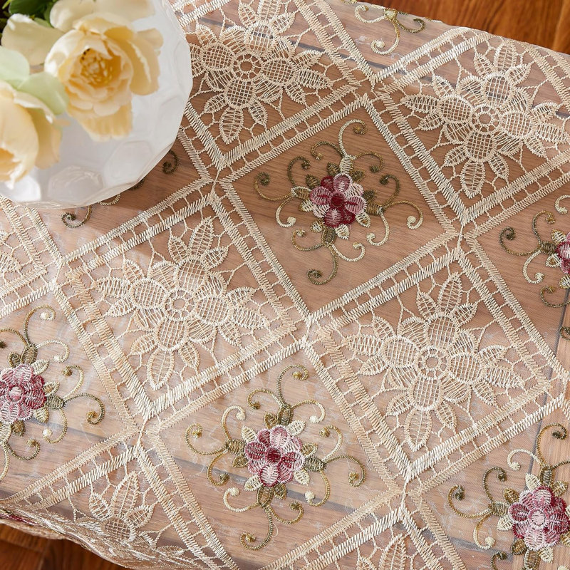 Rushad Runner Floral Lace Table Runnner, 16" W x 36" L, Beige