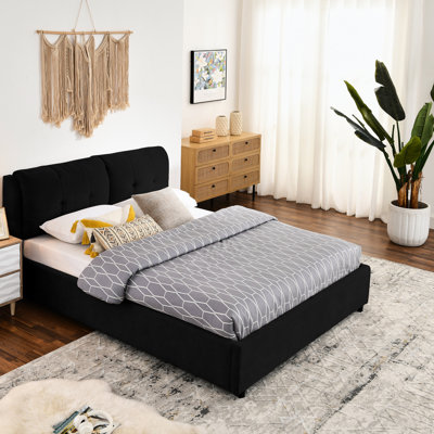 Lit plateforme grand de luxe en chenille noire, rangement hydraulique, tête de lit confortable, configuration en métal et bois avec matériau en chenille, rangement pour le linge de maison, tête de lit intégrée Better Sleep,