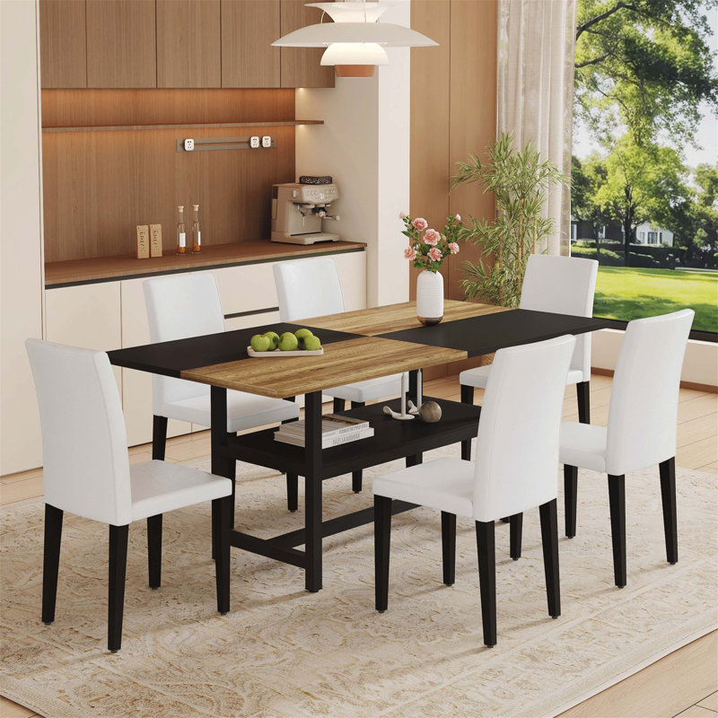 Ensemble de table de salle à manger élégant en bois avec tablette de rangement et chaises d'appoint confortables, parfait pour les maisons modernes