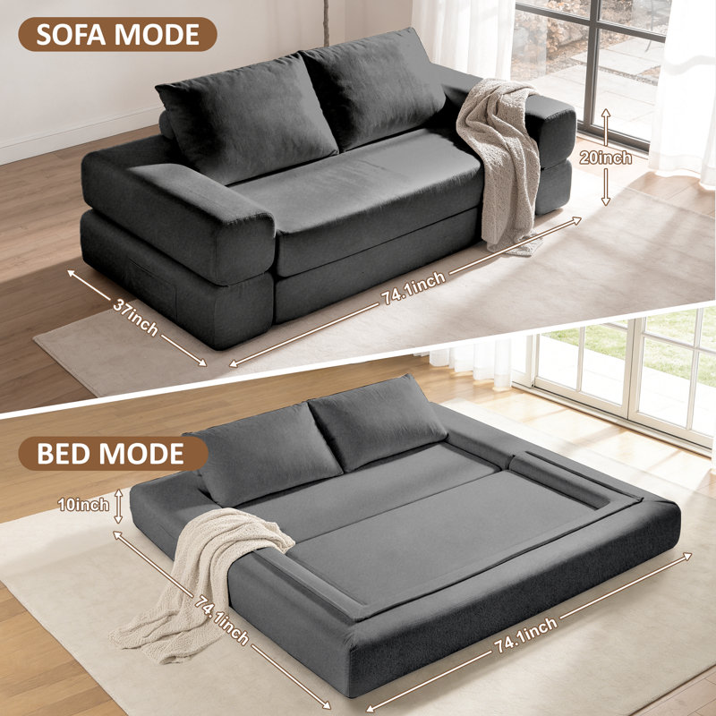 Boneless Convertible Floor Sofa Bed, 3 In 1 Compression Sofa With 2 Throw Pillows, No Assembly Required, Dark Gray