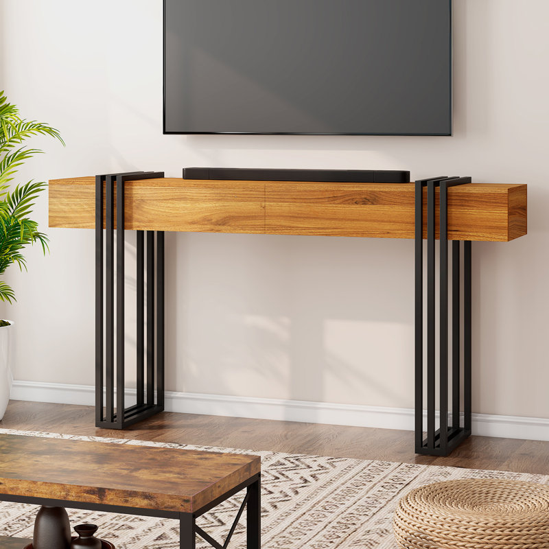 63 Inch Long Console Table, Industrial Sofa Table Behind The Couch Rectangular Entryway Table For Entrance Hallway Living Room, Brown