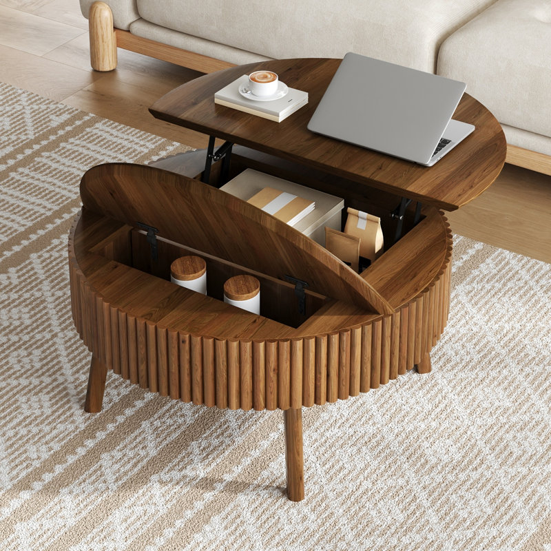 Table basse moderne à plateau relevable avec demi-plateau de rangement dissimulé en bois massif cannelé en noyer pour économiser de l'espace