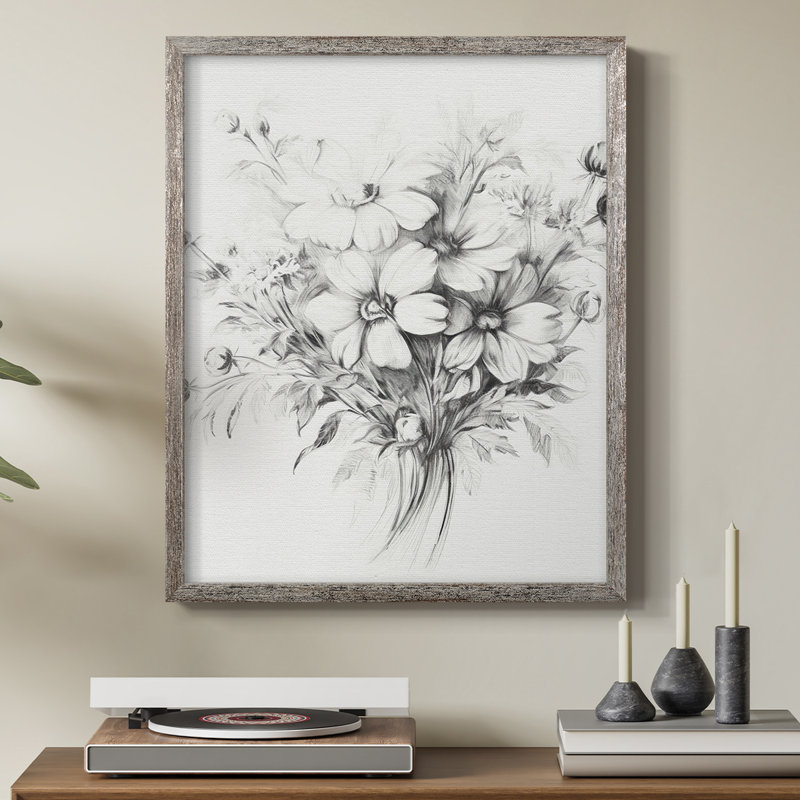 Reproduction florale rétro encadrée XIXème - bois massif, H 11 po x l 9 po