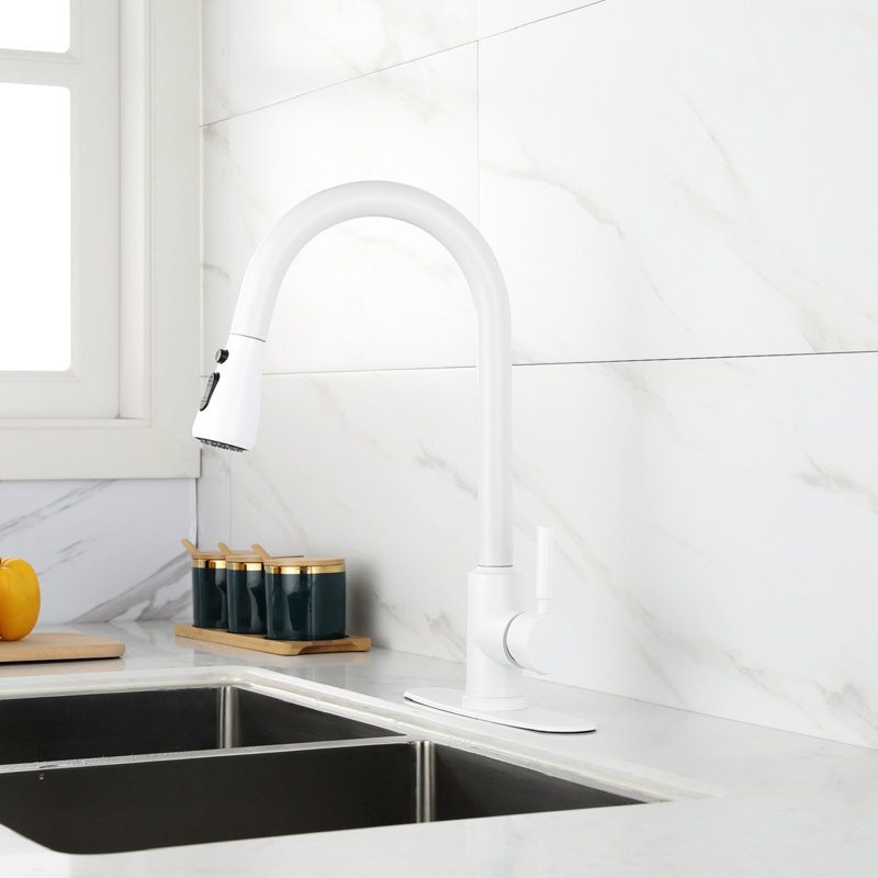 Robinet de cuisine moderne en acier inoxydable blanc avec douchette extractible, buse rotative à 360 °, deux réglages de débit d'eau - jet et acier simple à fonctionnement unique, douchette pour une expérience améliorée, réglages,