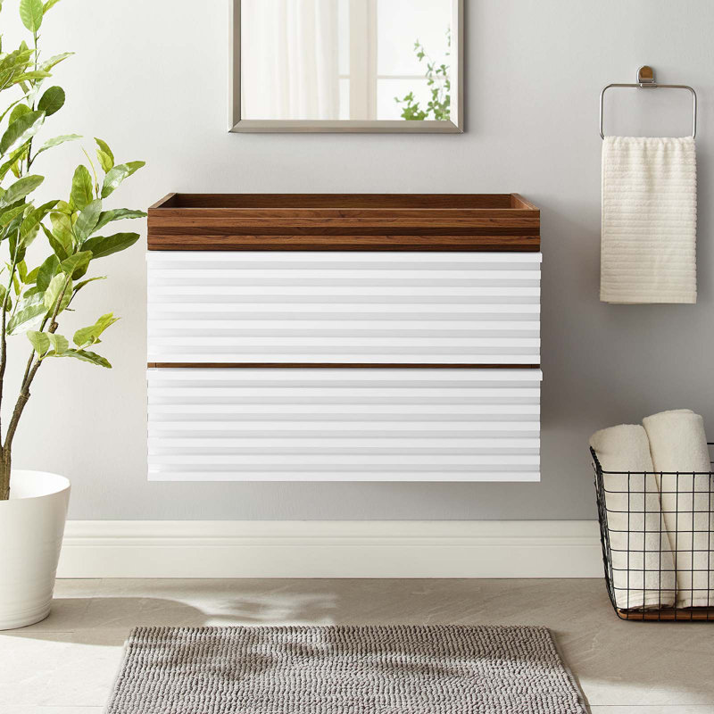 White and Walnut 30" MDF Wall-Mount Single Bathroom Vanity