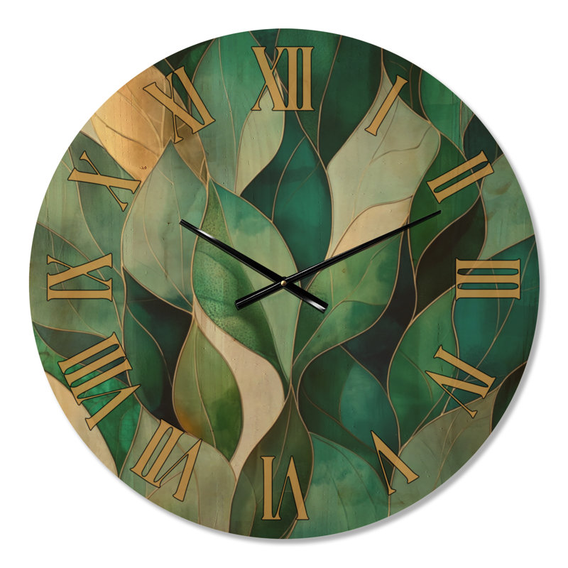 Horloge murale silencieuse Art Déco « Cascade de feuilles d'émeraude », imprimée sur bois, Large