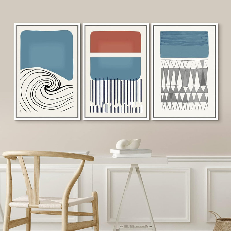 Abstrait, blocs de couleurs vibrantes, vagues de l'océan Mid-Century, Blanc, H 24 po x l 48 po