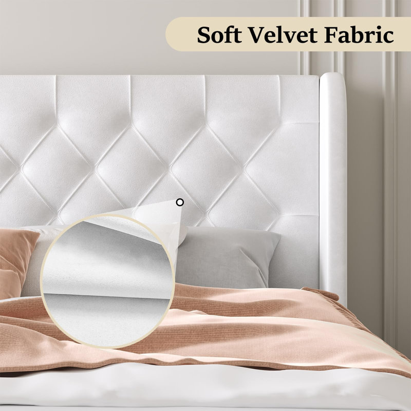 Lit plateforme tapissier avec velours courbé à oreilles et table de chevet à cadre ouvert en bois, table d'appoint de style champêtre pour chambre à coucher et salon