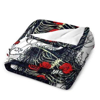 Jeté en flanelle de luxe Skeleton Red Roses, couverture douce et chaude pour salon