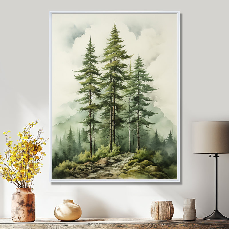 Vert arbre vert Eternal Guardians II - arbre pin, art mural encadré, H 20 po x l 12 po x P 1 po, Cadre flottant blanc