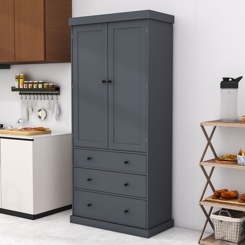 Garde-manger Natalene, armoire haute autoportante avec 3 tiroirs et tablettes réglables, Gris