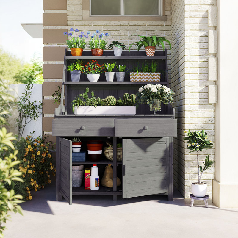 Table de jardin en pot 65 pouces, poste de travail en bois de sapin avec tablette de rangement, tiroir et armoire, Gris