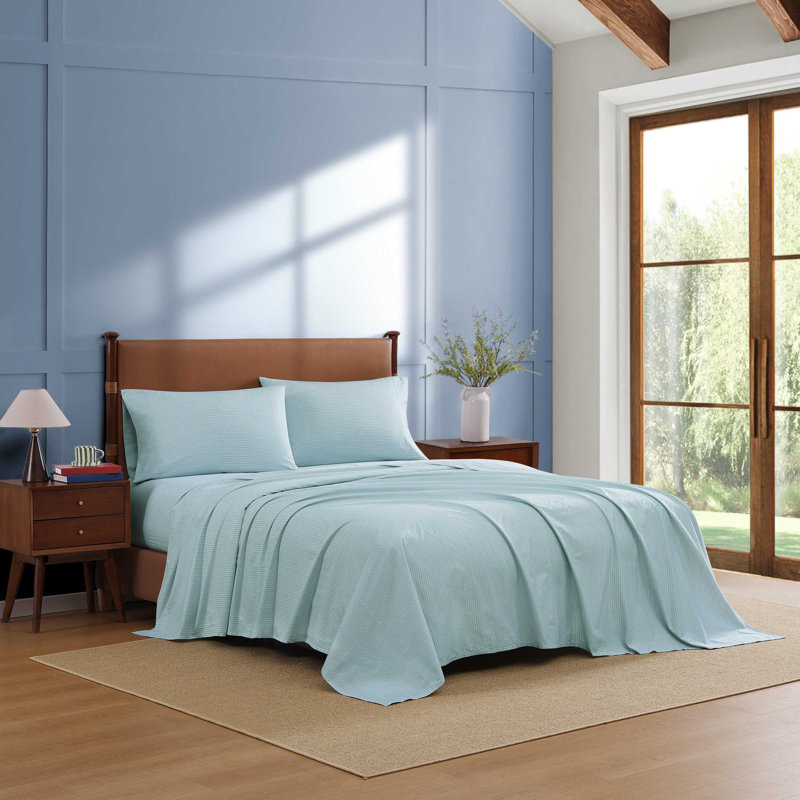 Tommy Hilfiger Printed Percale Cotton Sheet Set, Twin XL Sheet Set with 1 Pillowcase, Highland Ticking Stripe Green