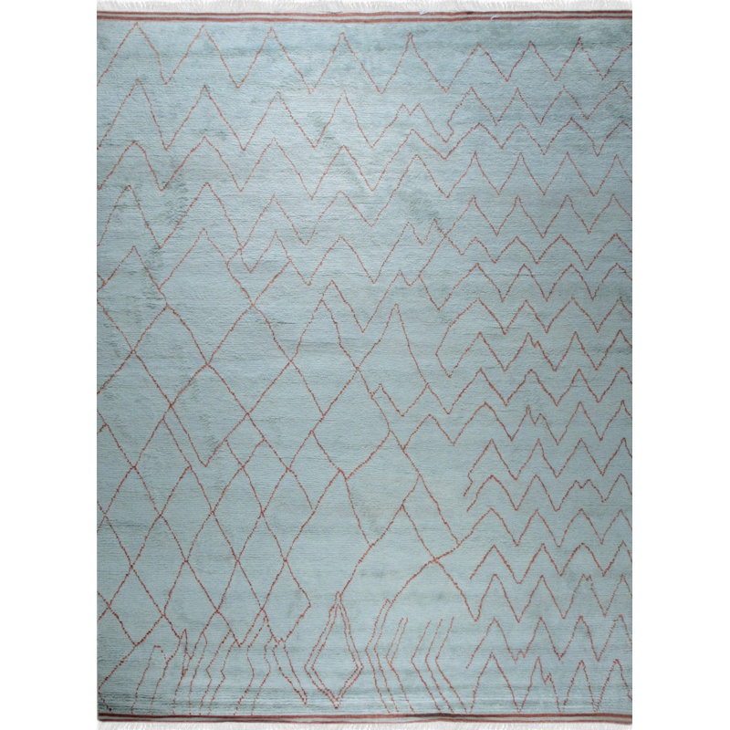 Blue Hand-Knotted Wool Open Zigzags Geometric Modern Contemporary Carpet Rug, 9' x 12'