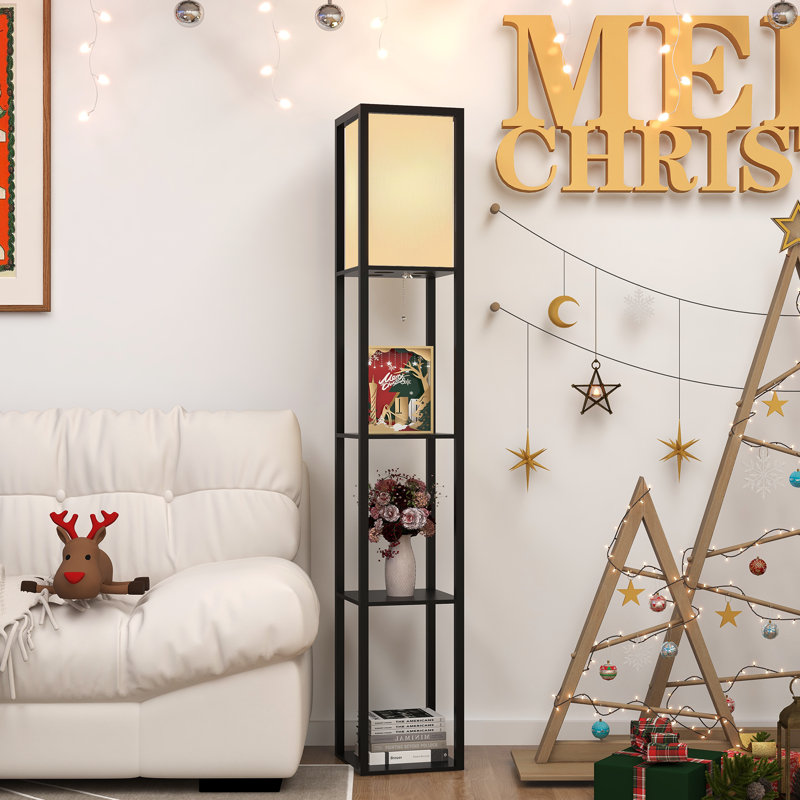 LED Shelf Floor Lamp, Wooden Reading Standing Light with Storage, Living Room Office, Black
