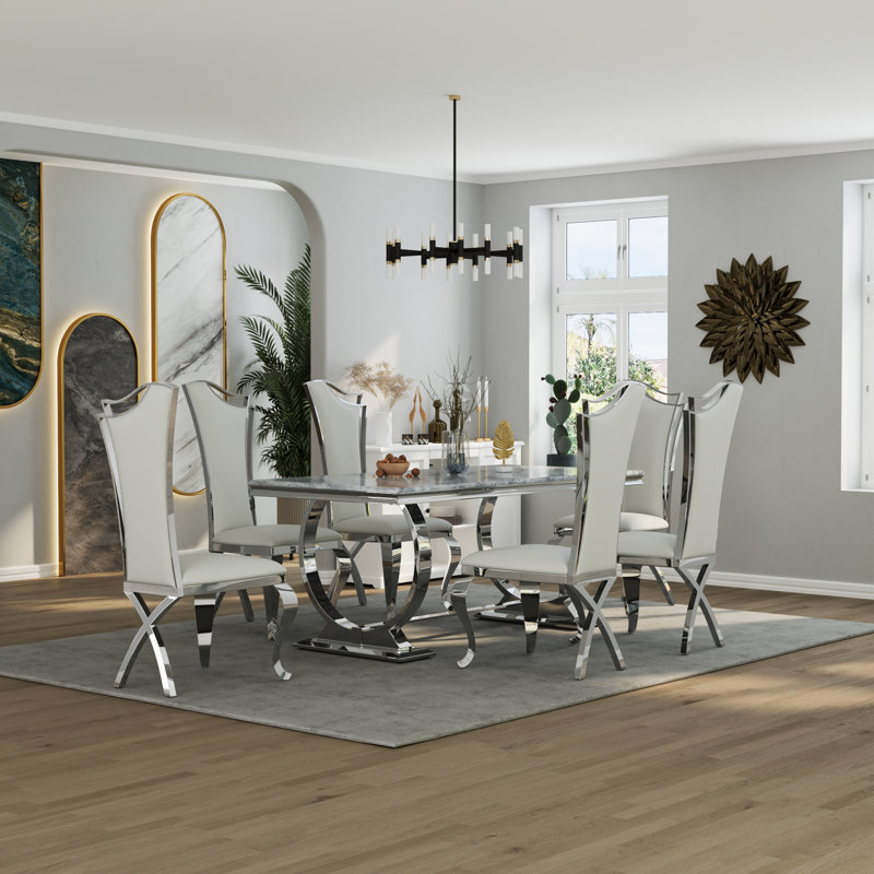 Ensemble de table de salle à manger de luxe avec 6 chaises en cuir, Argent argent, Argent argent, Argent argent